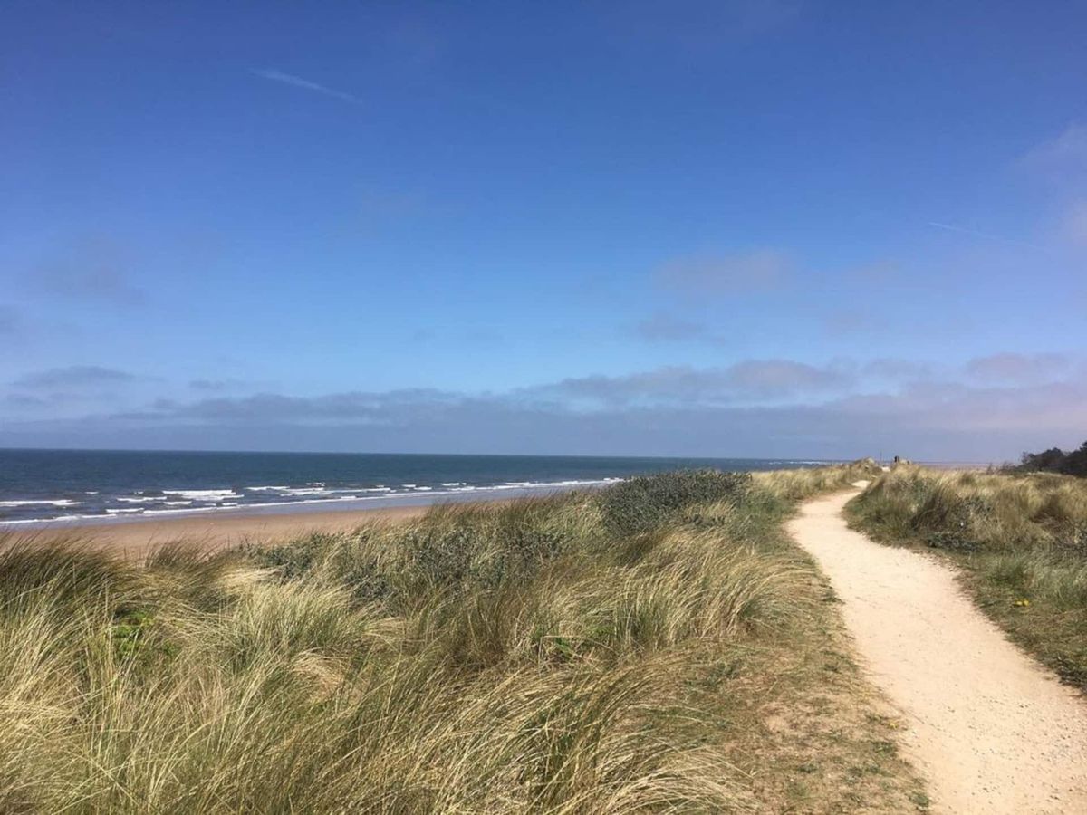 A sandy path between dunes covered in marram grass, leading to the beach under a blue sky